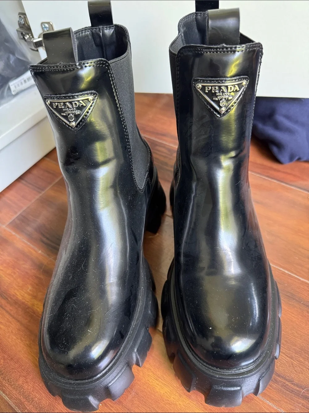 Prada copy  my monolith Black Patent Leather Platform Chelsea Boots